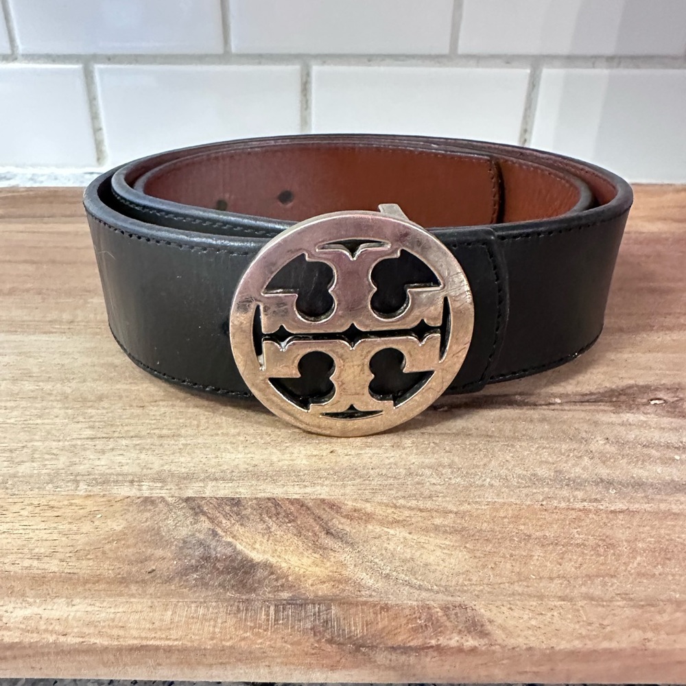 Tory Burch Black Leather Belt with Gold-Tone Logo Buckle